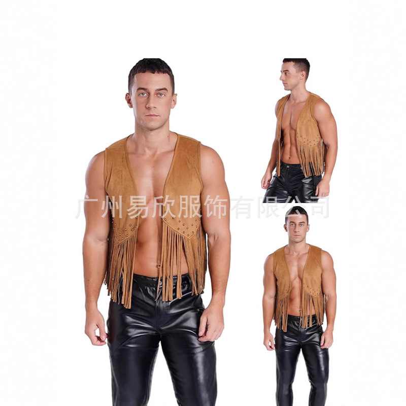 Tassel Vest Men's Faux Suede Front Open Vintage Vest Sleeveless 70S Boho Western Jacket