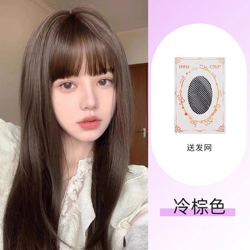 Peruca de mujer cabello largo, cejas negras, cabello completo