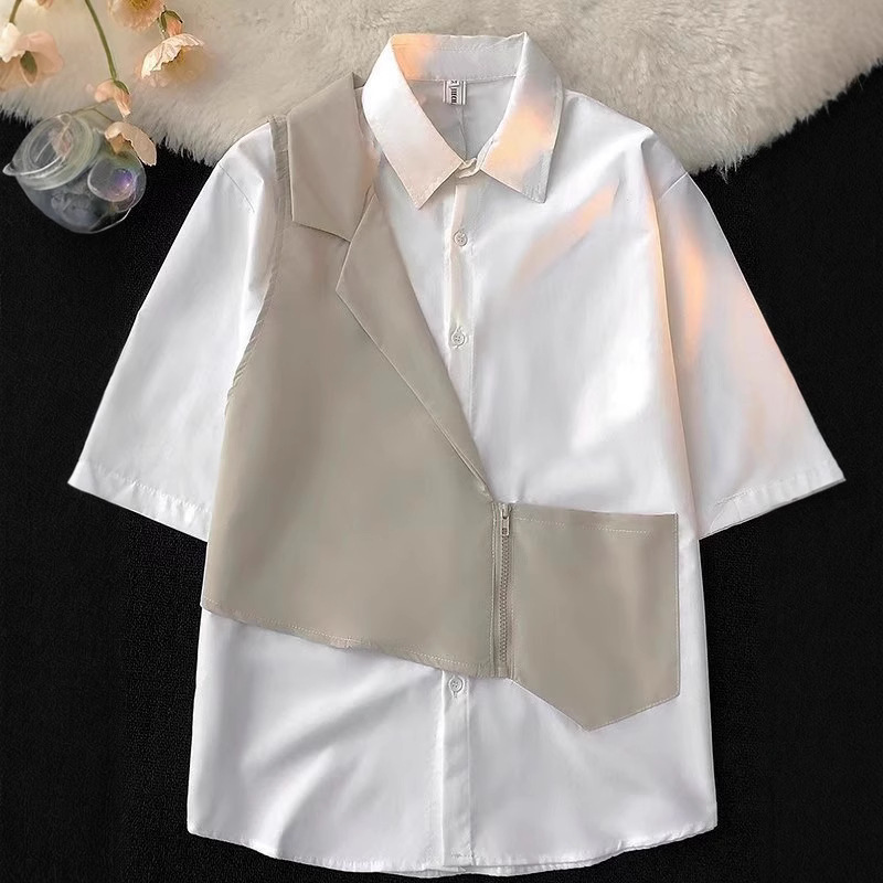 Light Luxury Men's Spliced ​​Shirt Fake Two-Piece Design Niche Short-Sleeved Shirt Summer Thin Couple Half-Sleeved Jacket