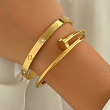 跨境2件套不锈钢金色手镯套钉子四叶草goldbangles饰品套装玫瑰金
