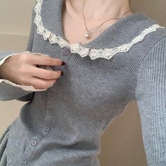 蕾丝拼接花边娃娃领针织开衫女内搭秋冬外搭小香风翻领毛衣打底衫