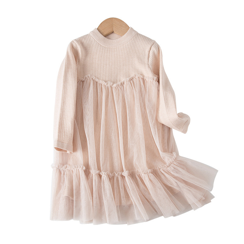 2024 primavera ropa para niños Comercio exterior niñas Vestido de manga larga rosa en stock princesa vestido estilo coreano color sólido falda de malla