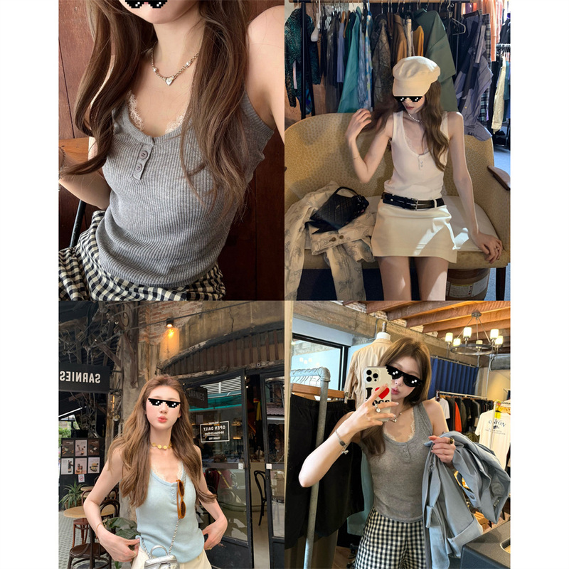 aaaaxbbb Master Version Three-color Linen Fake Two-piece Lace Vest Stitching Slim-fit Top for Women