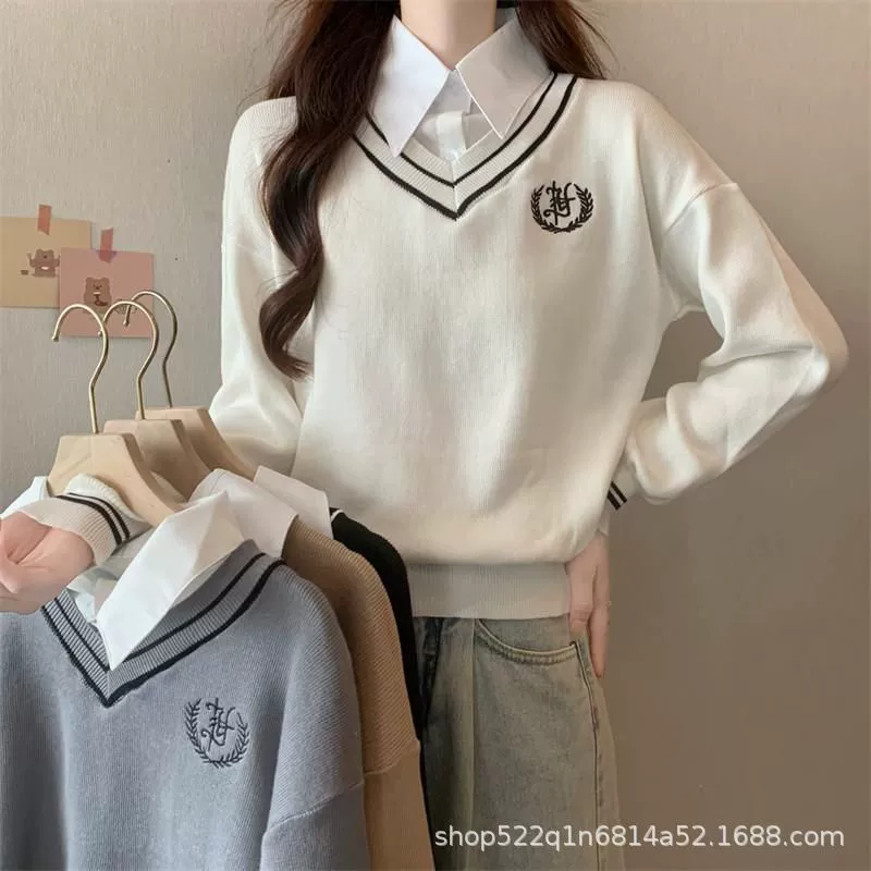 Академия ветра POLO воротник контратаного цвета сшивания поддельные две женские весенние и осенние корейские вышивки повседневные дикие короткие свитера