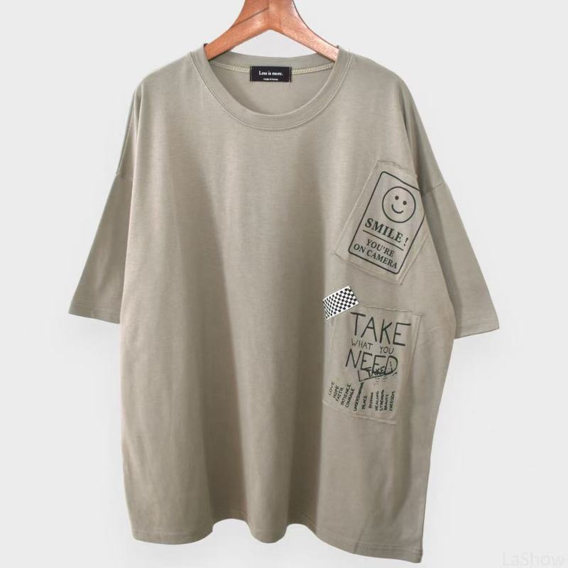 2025 夏大きいサイズミドル丈半袖ラウンドネック Tシャツプリントパッチ年齢軽減痩身多用途女性トップスイン|undefined