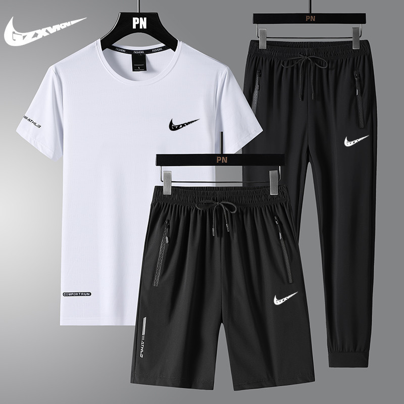 2026 Summer Ice Silk Suit Men's New Casual Short-Sleeved Long Pants Trendy Brand Fitness Running Sportswear Three-Piece Set 2026 Summer Ice Silk Suit Men's New Casual Short-Sleeved Long Pants Trendy Brand Fitness Running Sportswear Three-Piece Set