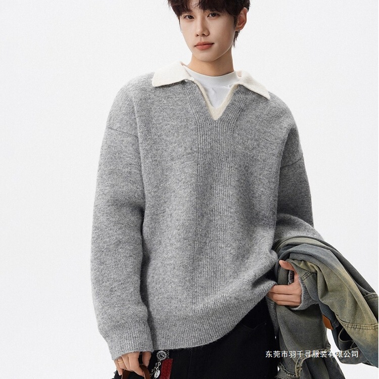 Men's Alpaca Wool Lapel Fake Two-Piece Heavyweight Sweater, Casual, Fashionable, Retro and Versatile