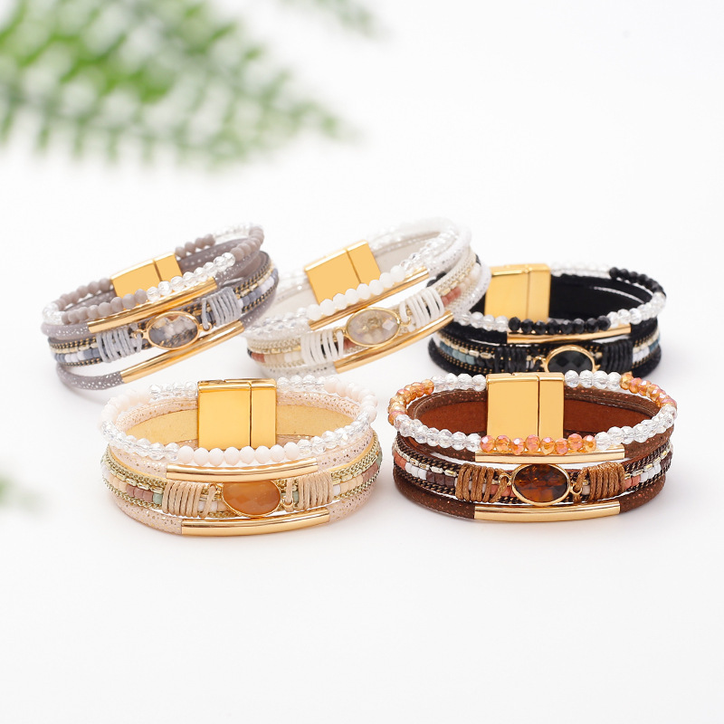 Cross-border New Rice Bead String Multi-layer Leather Bracelet PU Leather Woven Magnetic Buckle Bracelet Bohemian Bracelet Cross-border New Rice Bead String Multi-layer Leather Bracelet PU Leather Woven Magnetic Buckle Bracelet Bohemian Bracelet