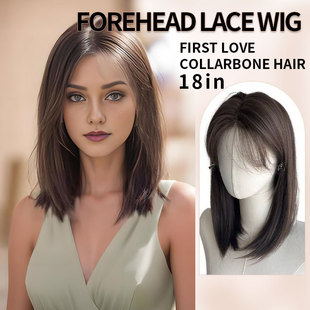 Wig for Women with Medium and Long Hair, Lace Short Hair Wig with Eight-Shaped Bangs and Clavicle, Simulated Human Hair, Medium-Parted Full Headgear