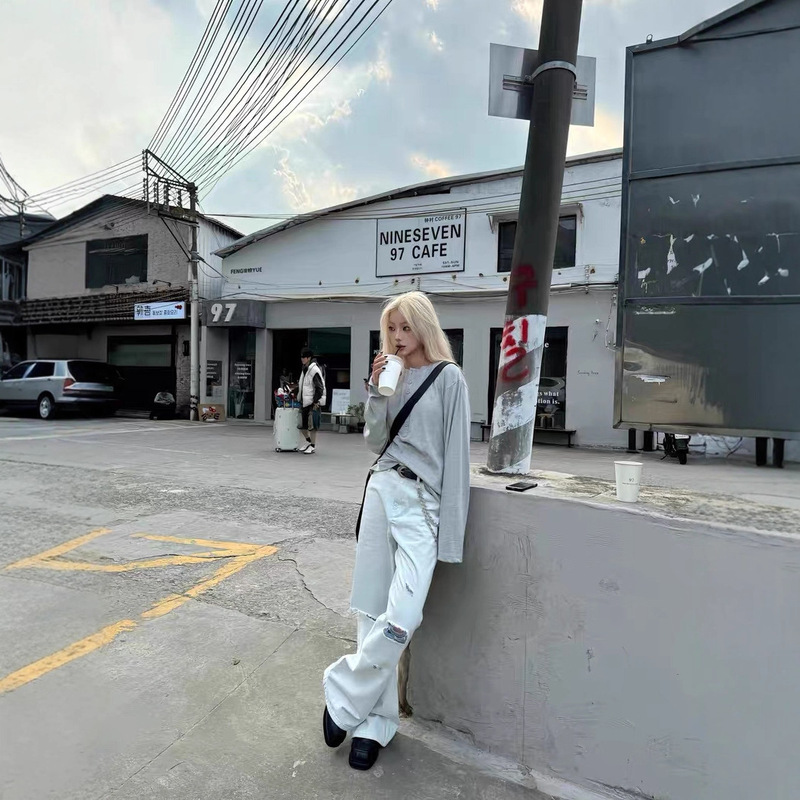 High-Quality Purple Sand White Denim High-Weight Washed Handmade Distressed Straight-Leg Flared Casual Jeans Cleanfit