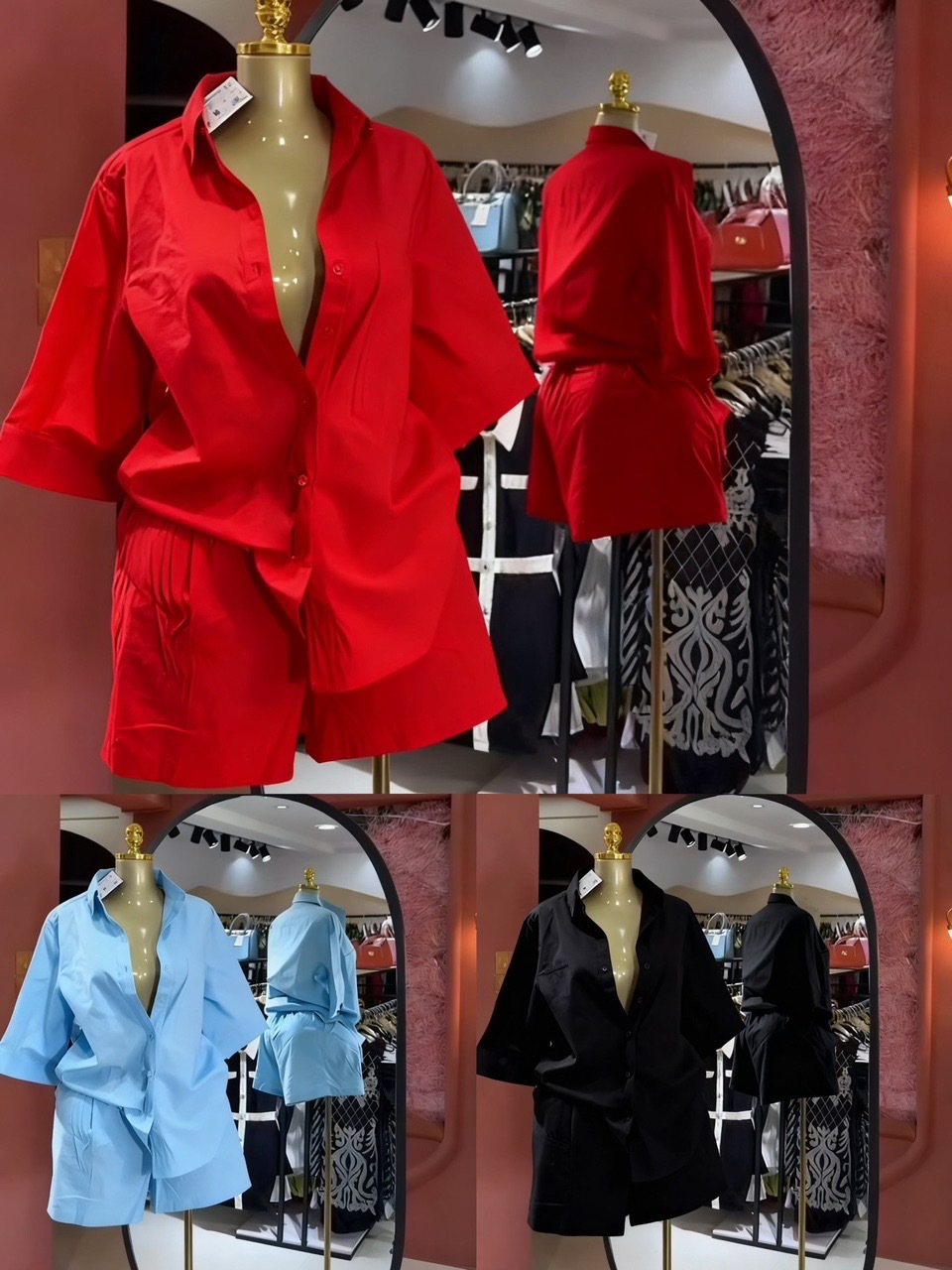 Women's Multi Color Collared Loose Fitting Shirt And Shorts Set Casual Solid Color Everyday Commuter Fashion_ecoleips.com