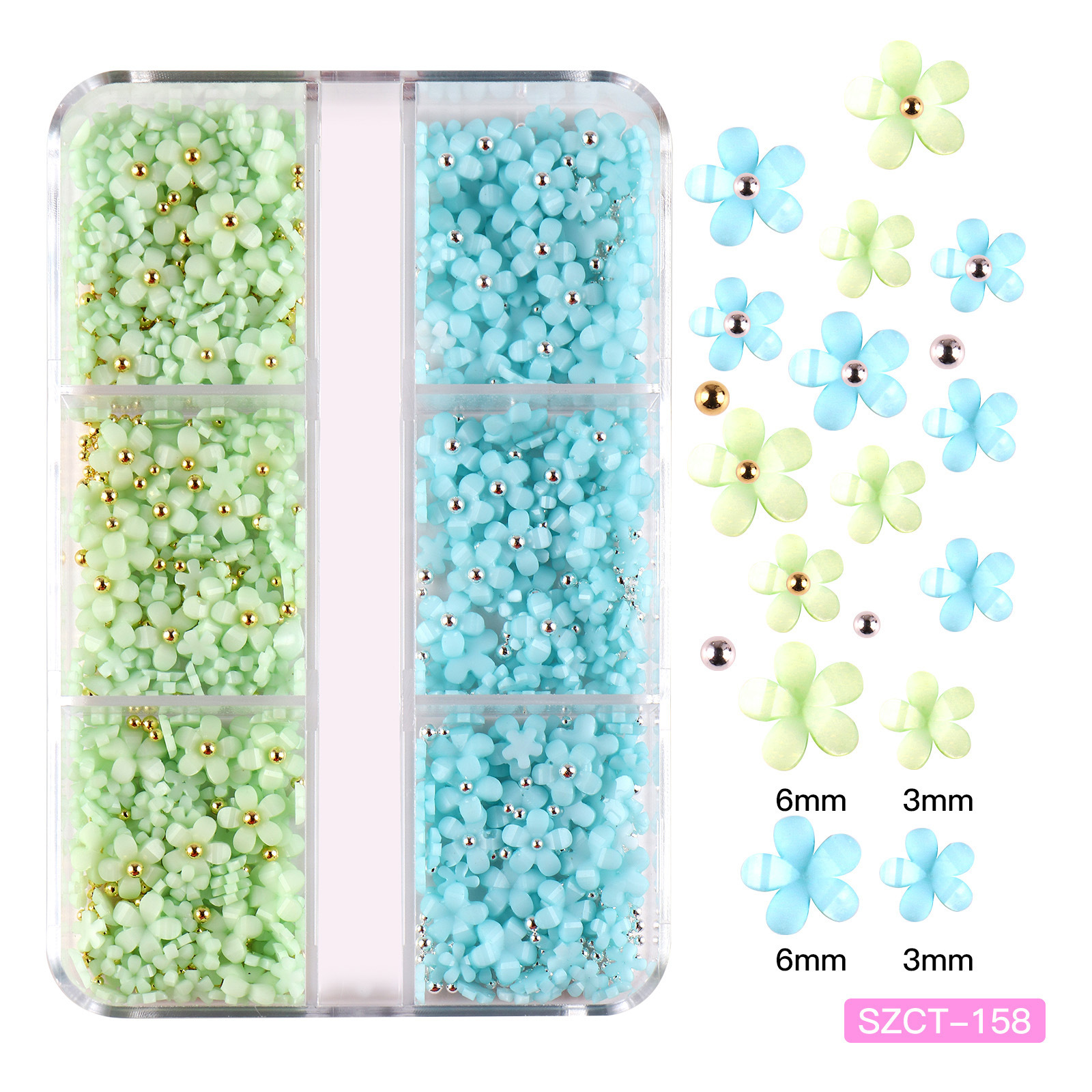 Joyas de uñas transfronterizas Juego de 6 cuadrículas de resina de uñas de color flor de cinco pétalos pequeña bola de acero decoración de uñas de vestir