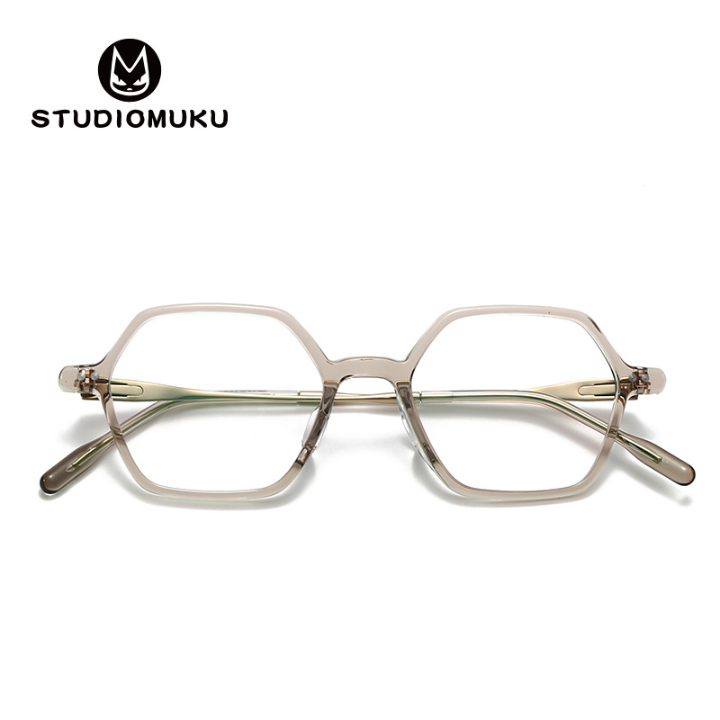 Gafas de madera STUDIOMUKU con temperamento de hermano mayor, placa poligonal, marco de gafas de titanio puro, marco retro