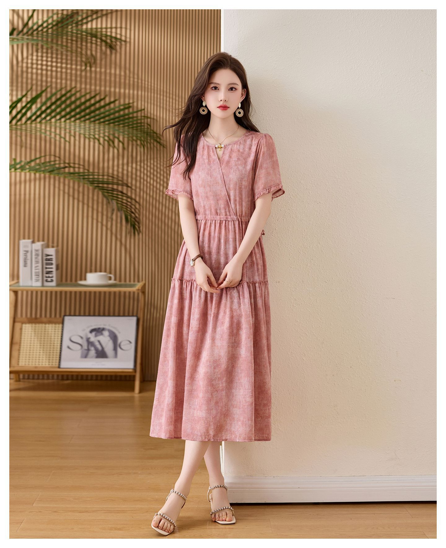 Đầm maxi nữ thắt eo cổ V tay ngắn họa tiết hoa dáng dài GT8207 — xanh lam, Màu hồng chi tiết 28