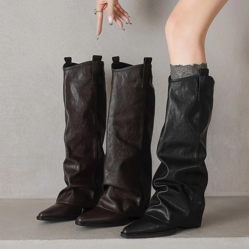 Plus-size women's wide-leg, high-tube, pointed-toe, chunky-heeled, long boots, thick-leg riding boots, retro Western cowboy boots Plus-size women's wide-leg, high-tube, pointed-toe, chunky-heeled, long boots, thick-leg riding boots, retro Western cowboy boots