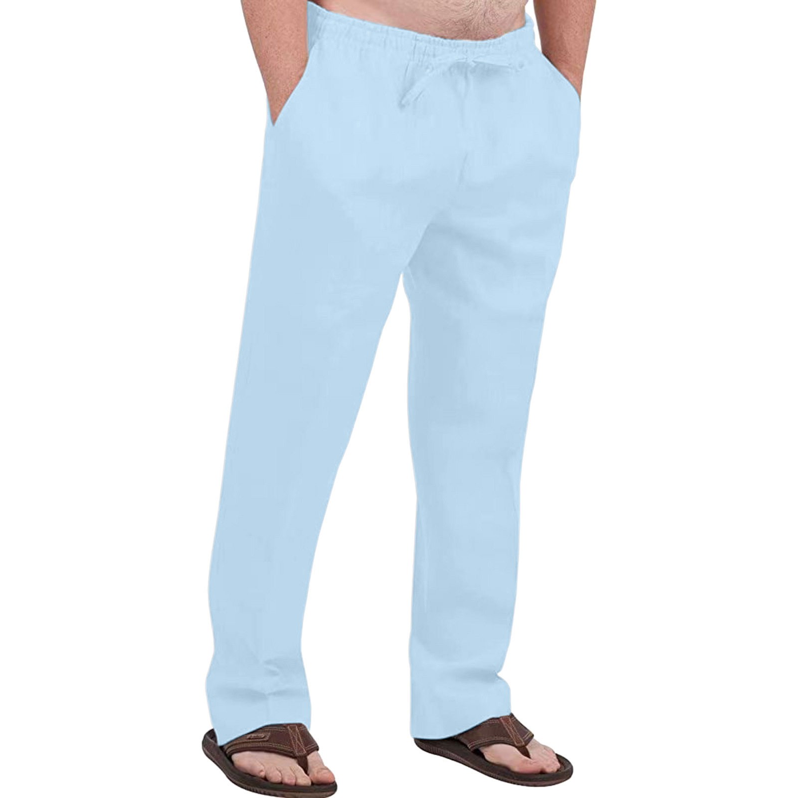 Men's Cross-Border Linen Trousers Drawstring Elastic Waist Solid Color Plaid Breathable Outdoor Daily Street Wear