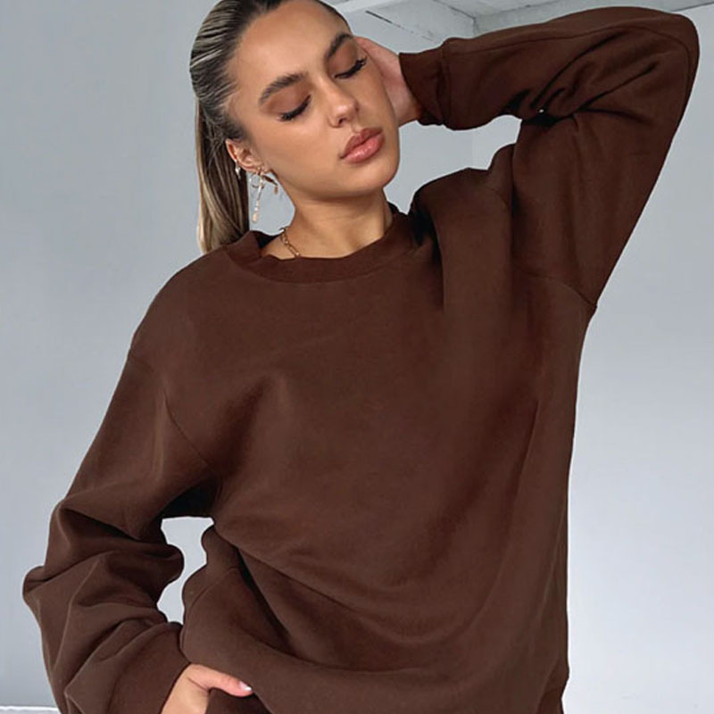Women's Round Neck Pullover Sweatshirt Long Sleeve Solid Colour_voghion.com