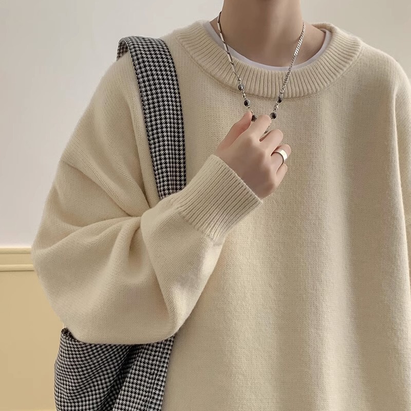 Women's Loose Trendy Brand Solid Color Round Neck Thickened Lazy Style Sweater Autumn and Winter Ins Trendy Hong Kong Style Sweater