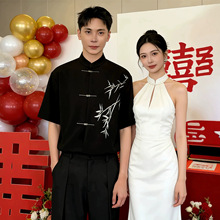 欢喜橙新中式立领盘扣衬衫男夏季竹子刺绣新郎订婚敬酒服日常可穿