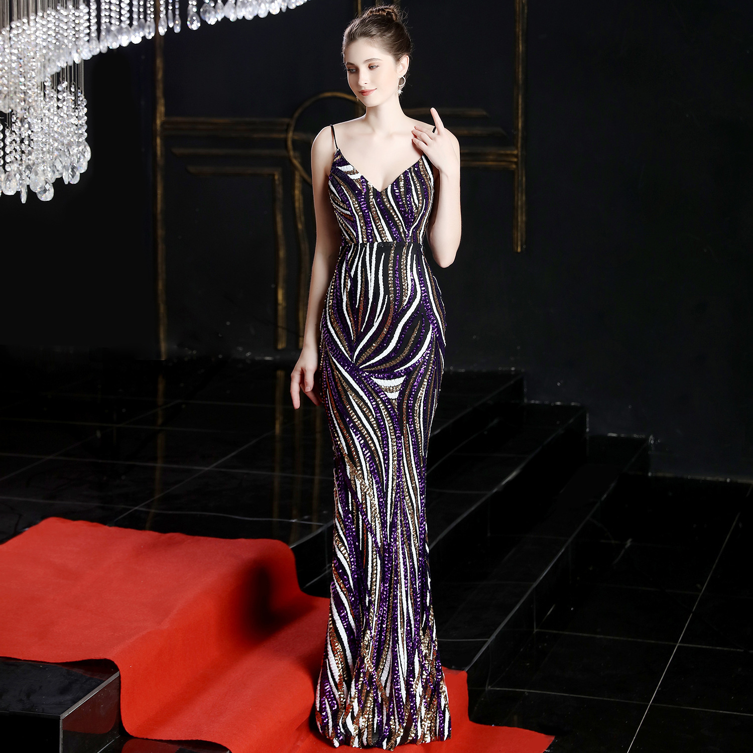 16002 # High-End Big-Name Sequin Striped Color-Block Slim-Fit Evening Host Annual Meeting Long Strap Dress for Women