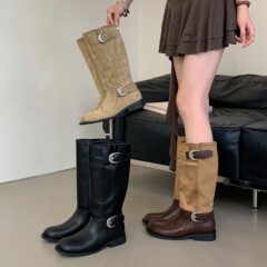 长筒拼接堆堆靴绒面拼色圆头中筒靴子2025春秋新款骑士靴子女