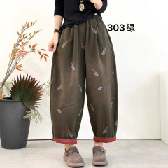 斜纹棉刺绣哈伦裤女 2025秋新款松紧腰复古宽松大码九分裤 303