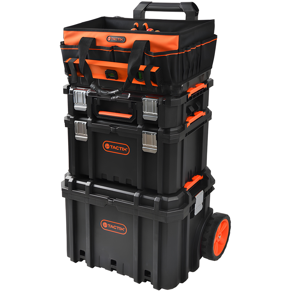 Caja de herramientas de varilla de tracción combinada apilada de tres capas con carro de caja de herramientas de montaje móvil de rueda grande