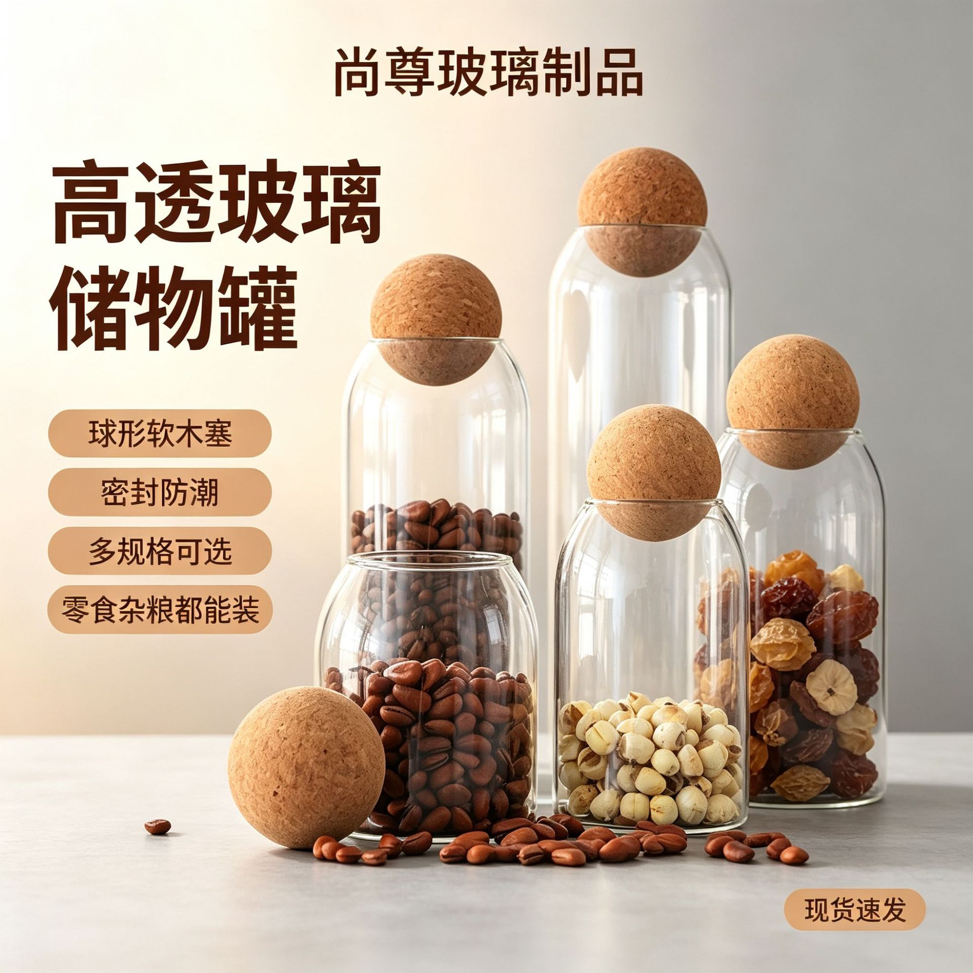 Factory direct supply of high borosilicate glass storage jars with spherical cork lids, suitable for storing flower tea and nuts, moisture-proof and airtight