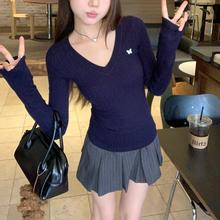 早春新款长袖针织衫上衣女韩版V领蝴蝶结刺绣麻花修身长袖针织衫