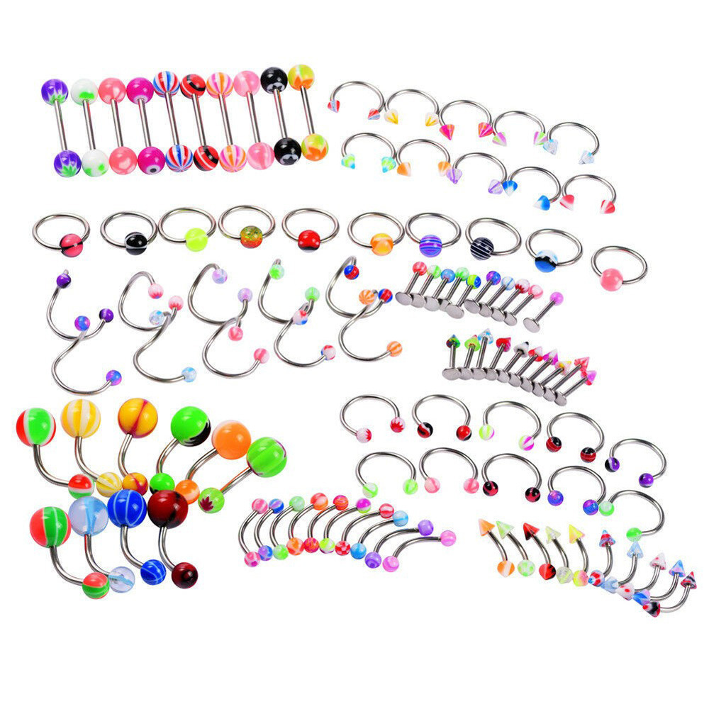 110PCS亚克力多色舌钉眉钉唇钉舌钉肚脐钉组合混款欧美穿刺饰品