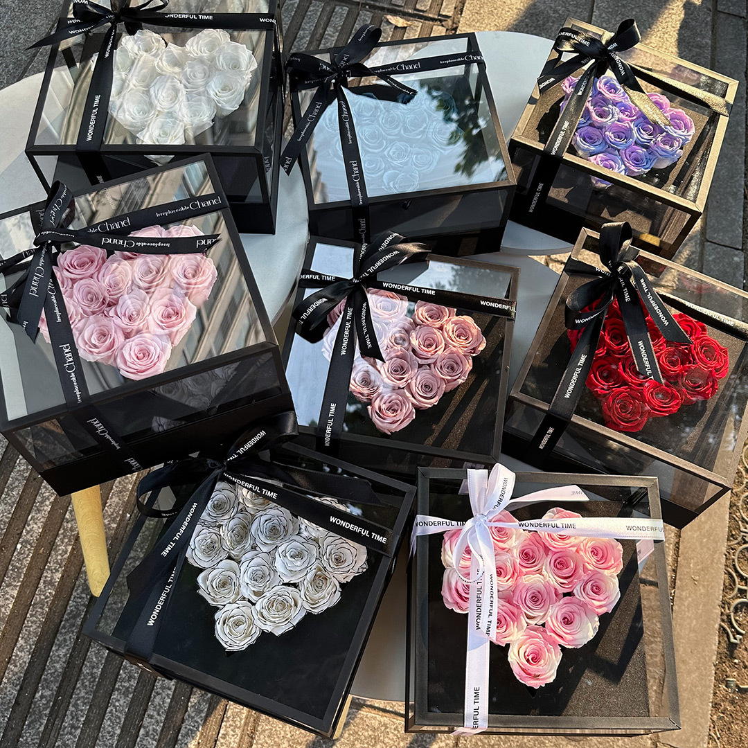 Flor eterna rosa en forma de corazón caja de regalo decoración cubierta de vidrio acrílico para novia regalo de cumpleaños Día de San Valentín