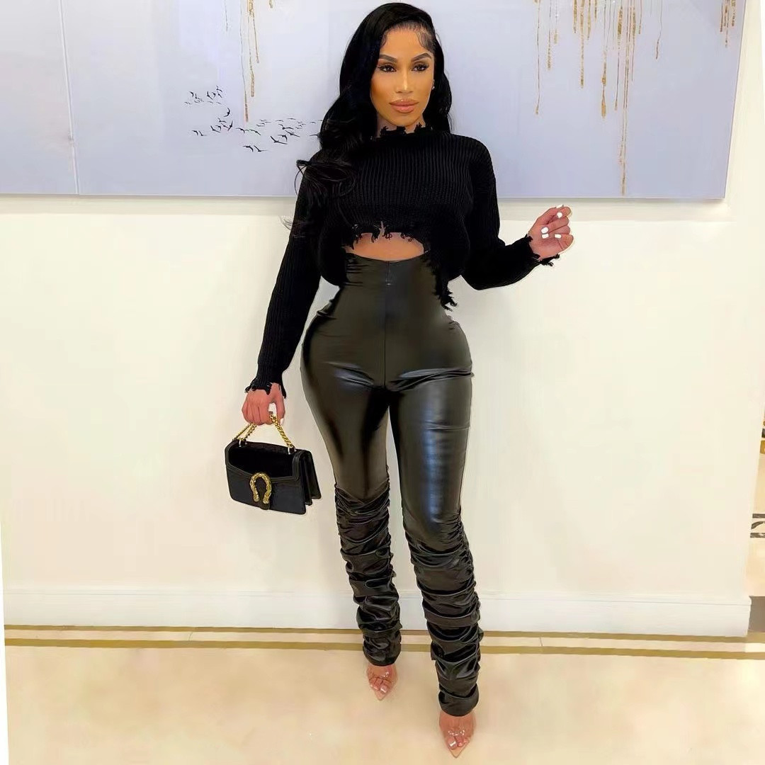 high waist elastic tight solid color PU leather pants NSWDS120019