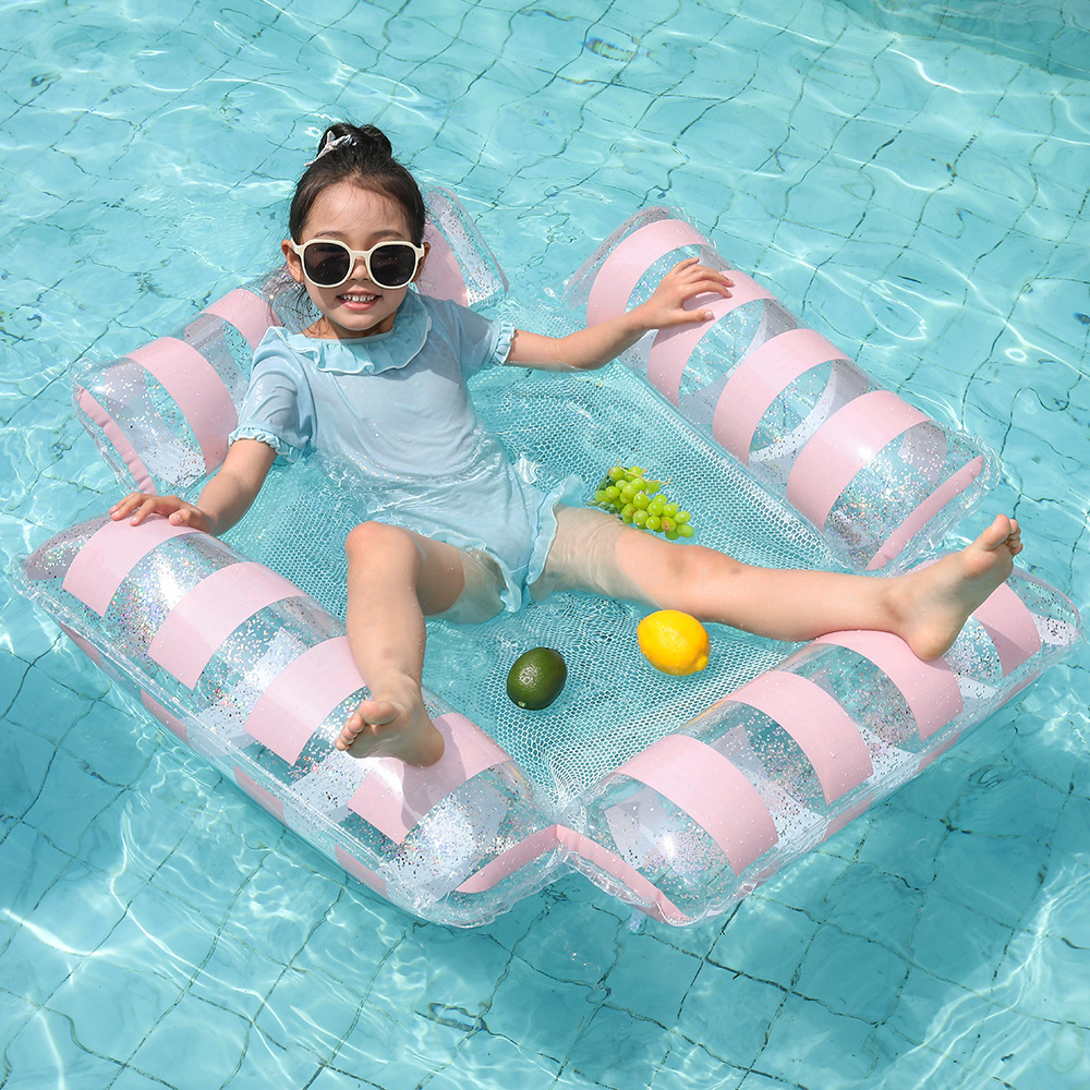 Foldable Inflatable Pool Lounger With Striped Backrest, Water Hammock, Swimming Ring, And Floating Bed_voghion.com