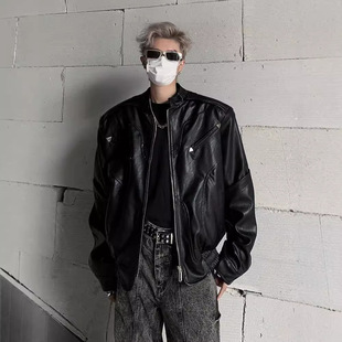 Black High Street PU Leather Jacket Men's 2024 Autumn New American Style High-end Sense Plankton Handsome Aviator Overalls Jacket