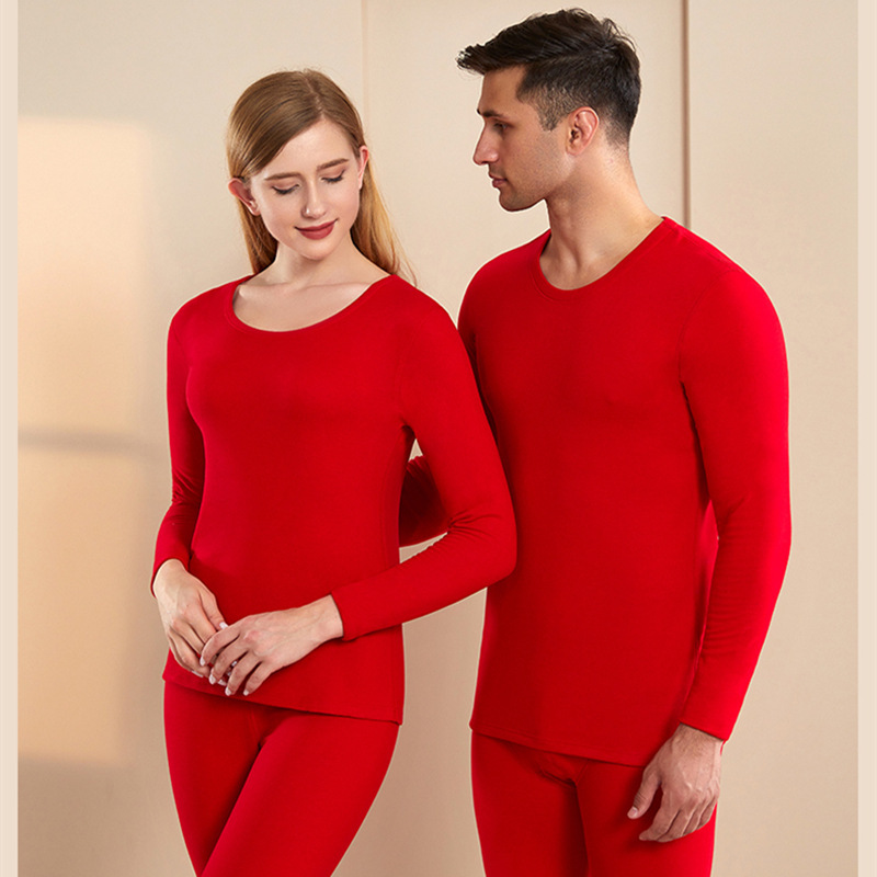 Benmingnian Men's Thermal Underwear Autumn and Winter Couple's Bottoming Shirt Women's Cashmere Silk Red Autumn Clothes and Pants suit