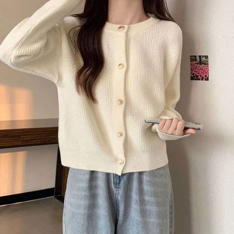 休闲百搭圆领针织外套女新款小香风温柔气质短款上衣加厚毛衣开衫|undefined