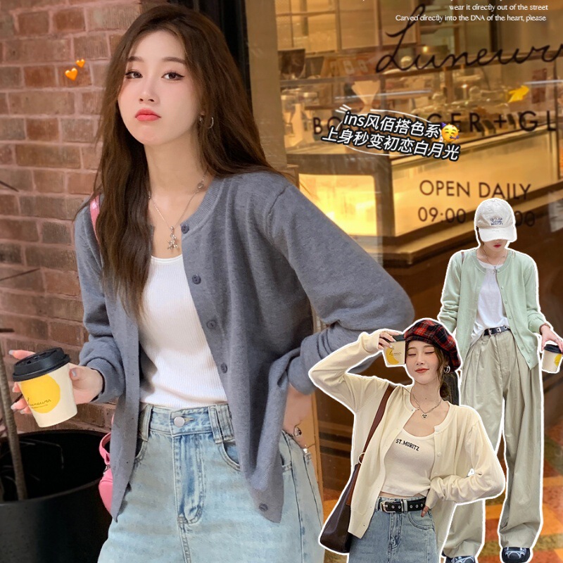 Spring and Autumn Popular Knitted Cardigan for Women, Korean Style, Round Neck, Loose Short Style, Cotton Cashmere Outer Sweater Jacket Top