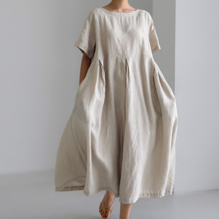 2026 Summer European Plus Size Loose Cotton Linen Dress Pullover Round Neck Over-The-Knee Long Dress Elegant Cross-Border Base Dress
