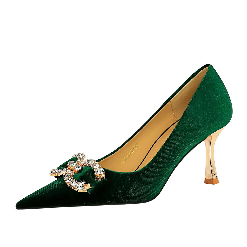 1818-K77 Banquet Heels Women's High Heel Shallow Mouth Pointed Toe West Schi Velvet Surface Rhinestone Buckle Bowknot_vogvips.com