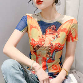 工厂批发欧版美女印花图案半袖修身高弹力打底衫拨款夏天透气t恤