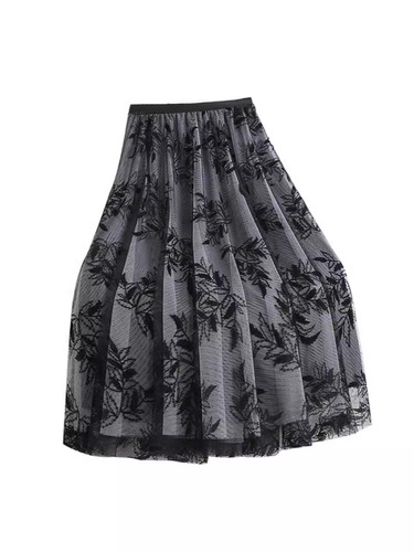 Leaves Embroidered Flower Half-length Skirt for Women - New Arrival Korean Style Fashion Pleated Net A-line Maxi Dress for Autumn and Winter