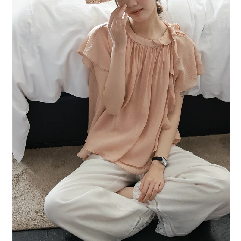 Bashima Sweet Dreams All-Tencel French Ruffle Double-Layer Ribbon Short-Sleeve Shirt for Women, Skin-Friendly and Breathable