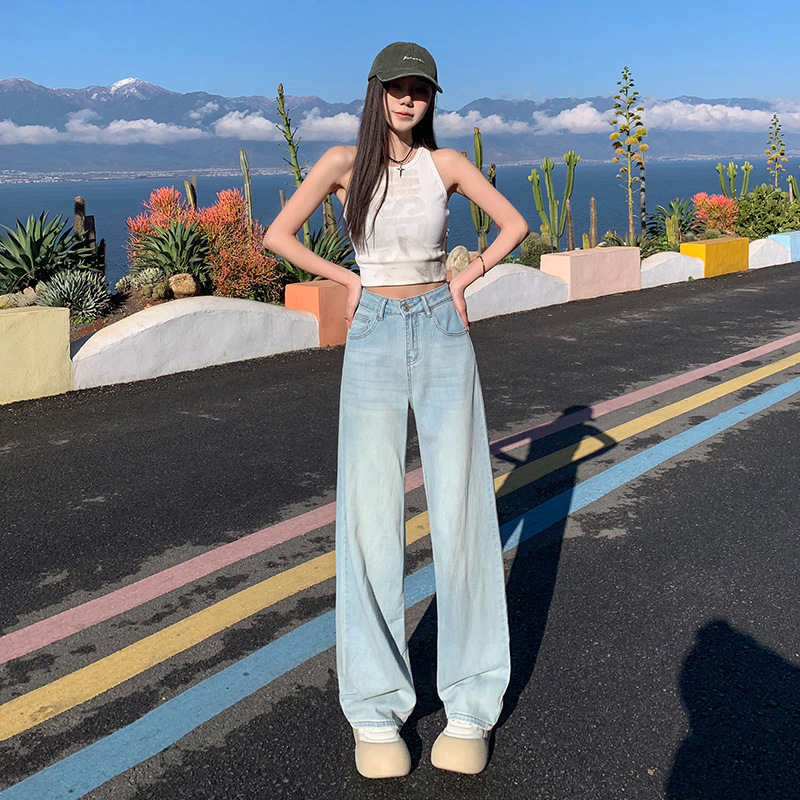 Narrow Wide-Leg Jeans for Women, 2026 Spring and Autumn New Style, Straight Loose High-Waisted Elastic Drape Slimming Floor-Length Pants