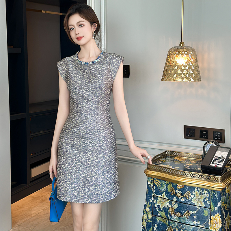 Váy liền thân nữ cổ tròn họa tiết jacquard, thiết kế eo ôm dáng không tay — Màu xám xanh lam