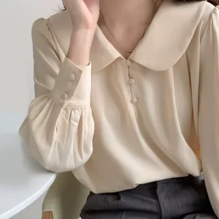 2025年长袖衬衫女春秋高端设计感休闲小众风轻熟通勤娃娃领衬衣女