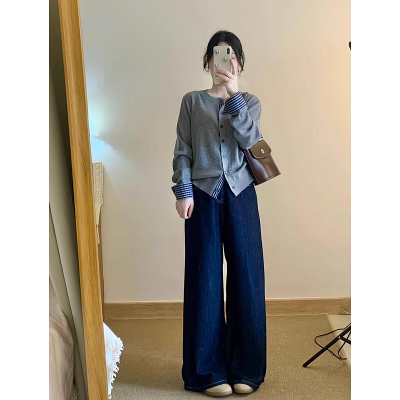 假两件miu系叠穿针织衫女秋冬灰色毛衣开衫外套拼接格子内搭上衣|undefined