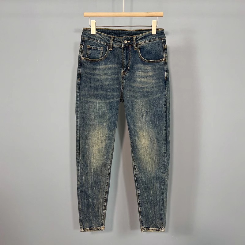 Autumn And Summer New Korean-style Handsome Small-footed Jeans, Slim-fitting, Comfortable, Elastic, Washed And Old-fashioned Nine-point Pants_viptrois.com