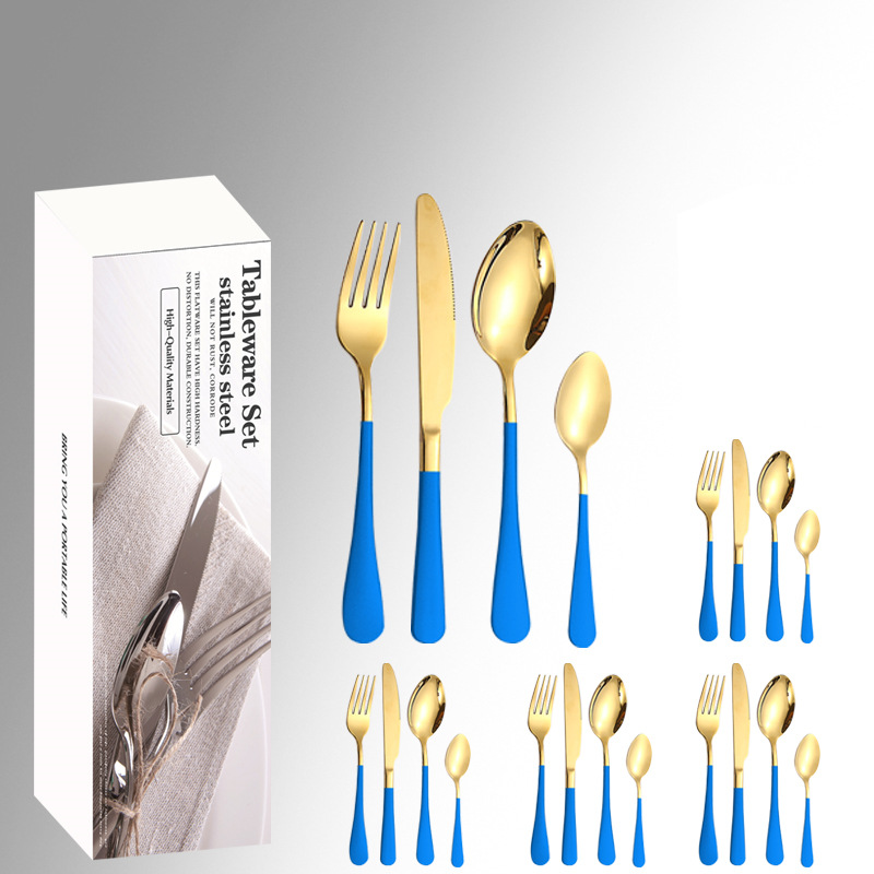 Amazon productos calientes de acero inoxidable vajilla 24 unidades traje 1010 cuatro piezas principales caja simple comida occidental cuchillo, tenedor y cuchara