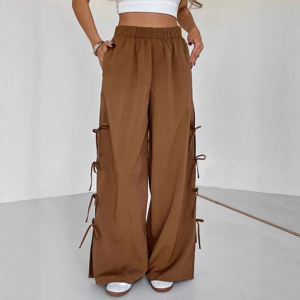 2025 New Autumn and Winter Cross-Border Women's Casual Daily Bow Side Contrast Drawstring Sports Casual Pants