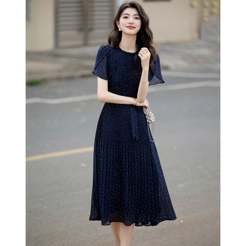 Brother's Mall Same Style Women's Clothing 2025 Summer Elegant and Generous Blue Polka Dot Belt Dress